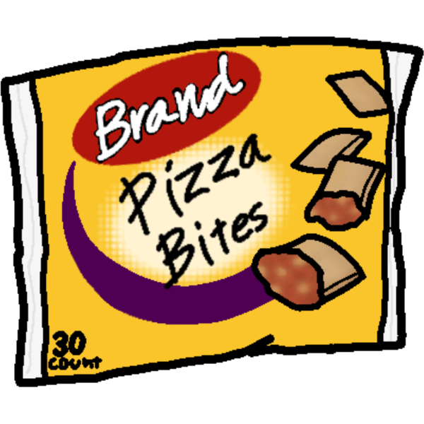 a yellow package with a red oval on it that says the word 'Brand' in white and a purple swoosh below with brown pizza bites at the end. black text in the middle says 'Pizza Bites.' It says '30 count in the bottom left corner.